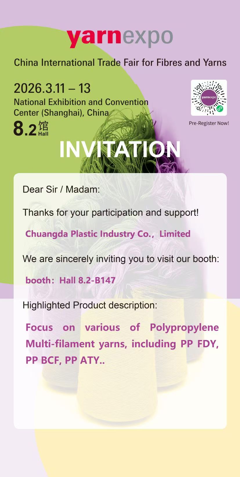 Chuangda Plastic cordially invites you to attend the 2026 Yarnexpo Spring/Summer Yarn Show!